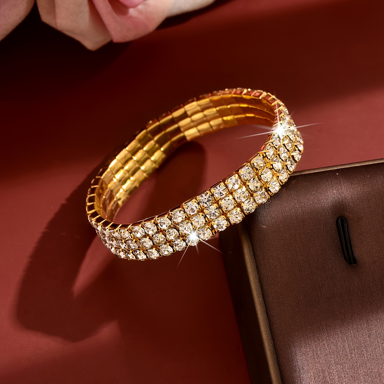 4pc Rhinestone Elastic Bangle 3-Row Bracelet Set